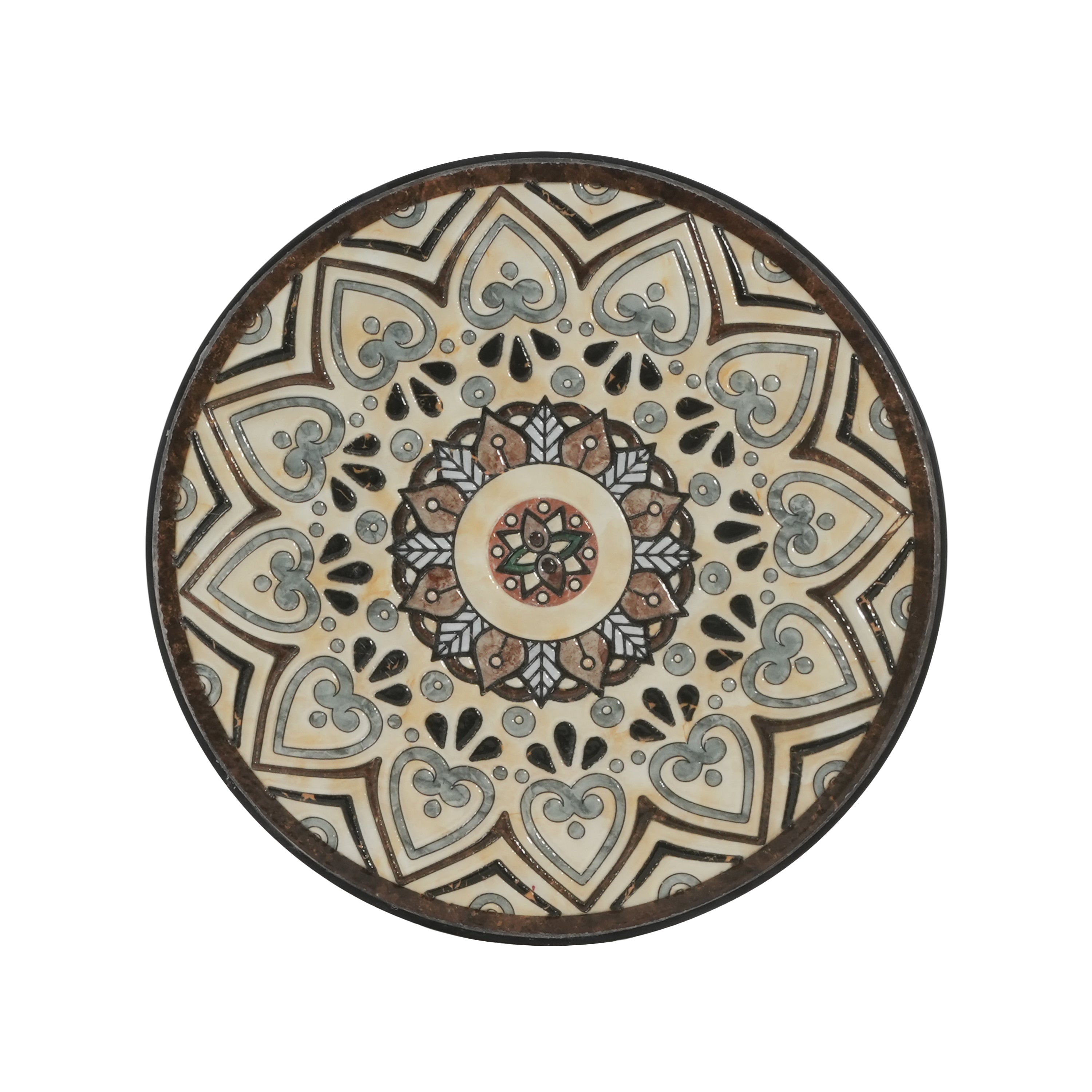 Ceramic Tile and Iron Patio Side Table with Shelf, Brown and Black, 14-inch Diameter