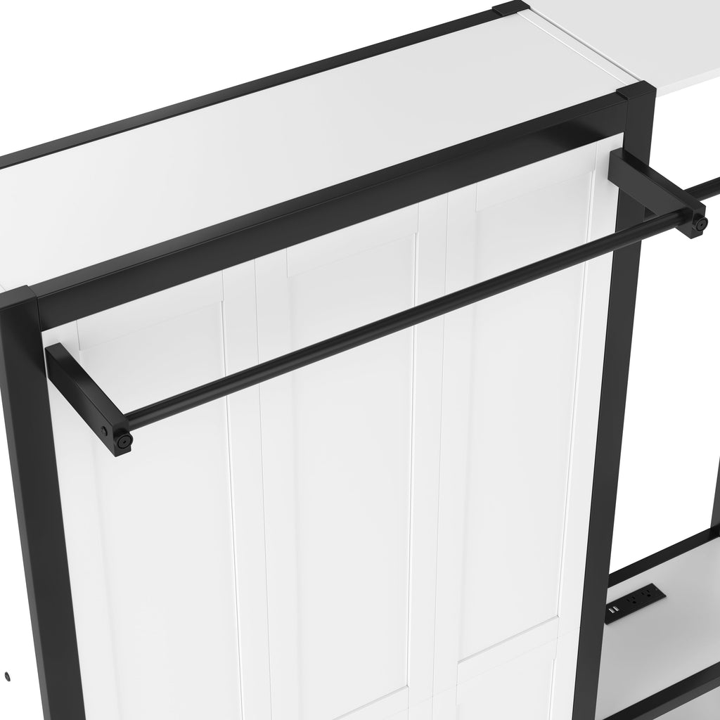Twin and Twin Murphy Bed, Metal Foldable Murphy Bed with Wardrobe, Shelves and Power Outlets, 2 in 1 Design, Space-saving, White