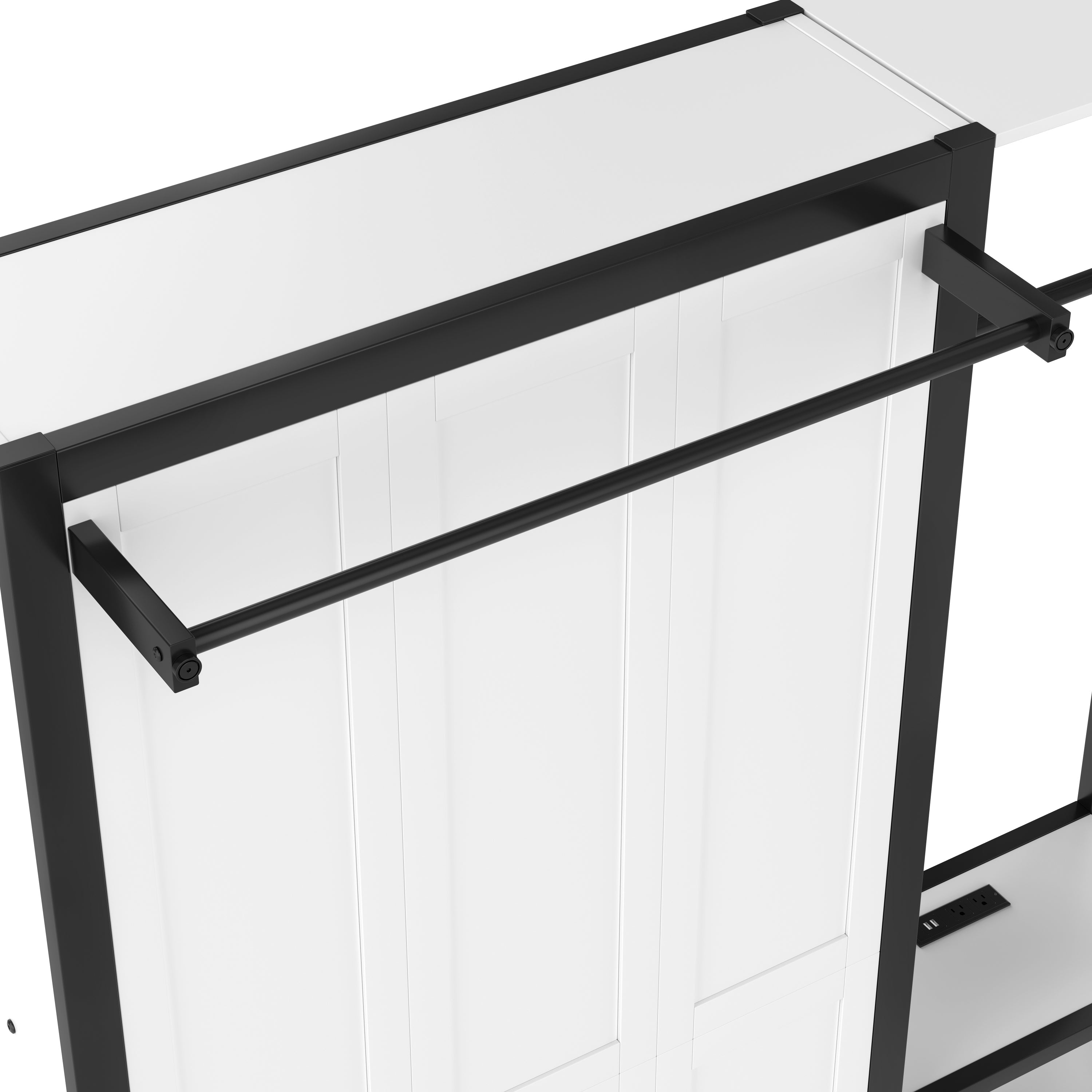 Twin and Twin Murphy Bed, Metal Foldable Murphy Bed with Wardrobe, Shelves and Power Outlets, 2 in 1 Design, Space-saving, White