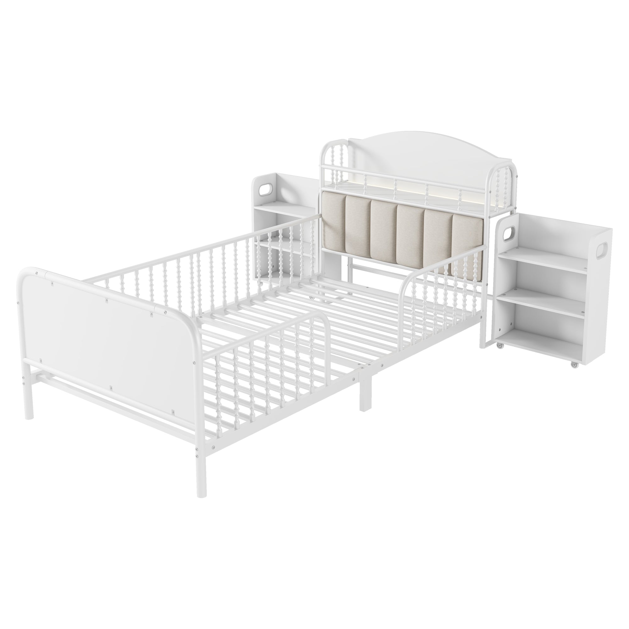 Twin Size Metal Platform Bed Frame with Light, Kids Twin Metal Bed with Upholstered and Pull Out Storage Shelves, White (Expect Arrival Date 2025/10/5)