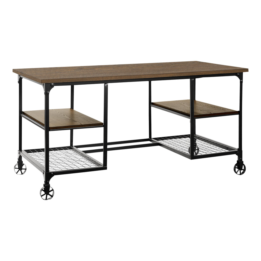 Modern Traditional Aesthetic 1pc Writing Desk with 4x Shelves Metal Casters Natural Finish and Rustic Black Metal Finish