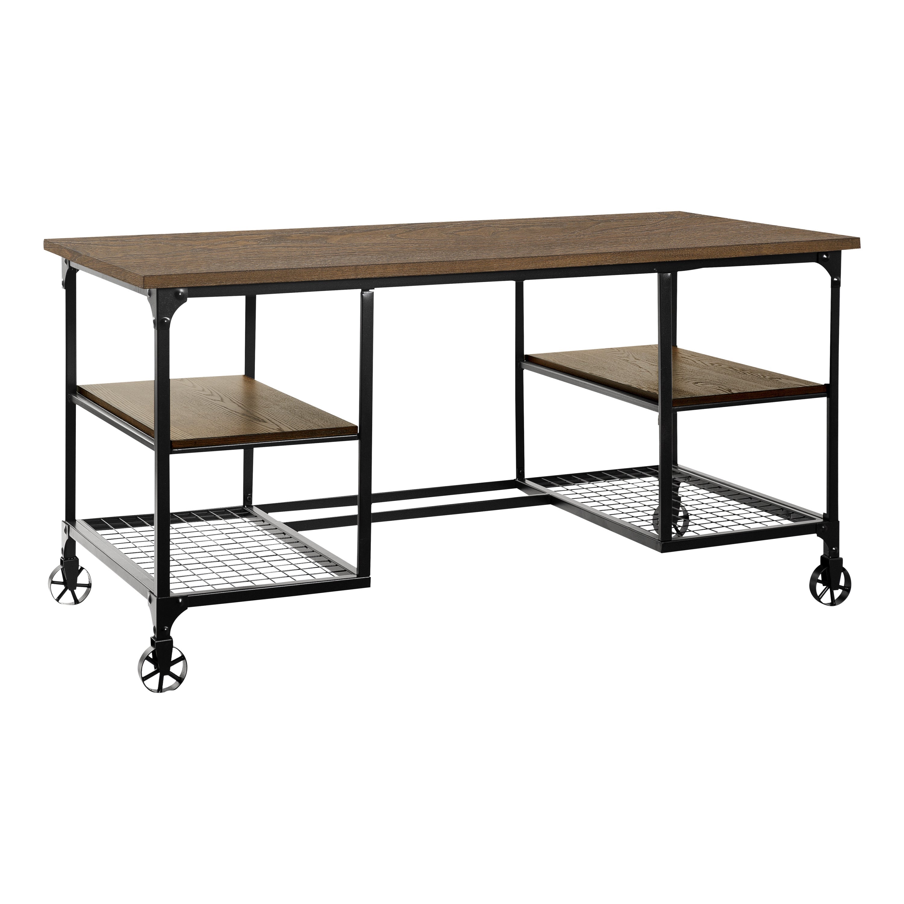 Modern Traditional Aesthetic 1pc Writing Desk with 4x Shelves Metal Casters Natural Finish and Rustic Black Metal Finish