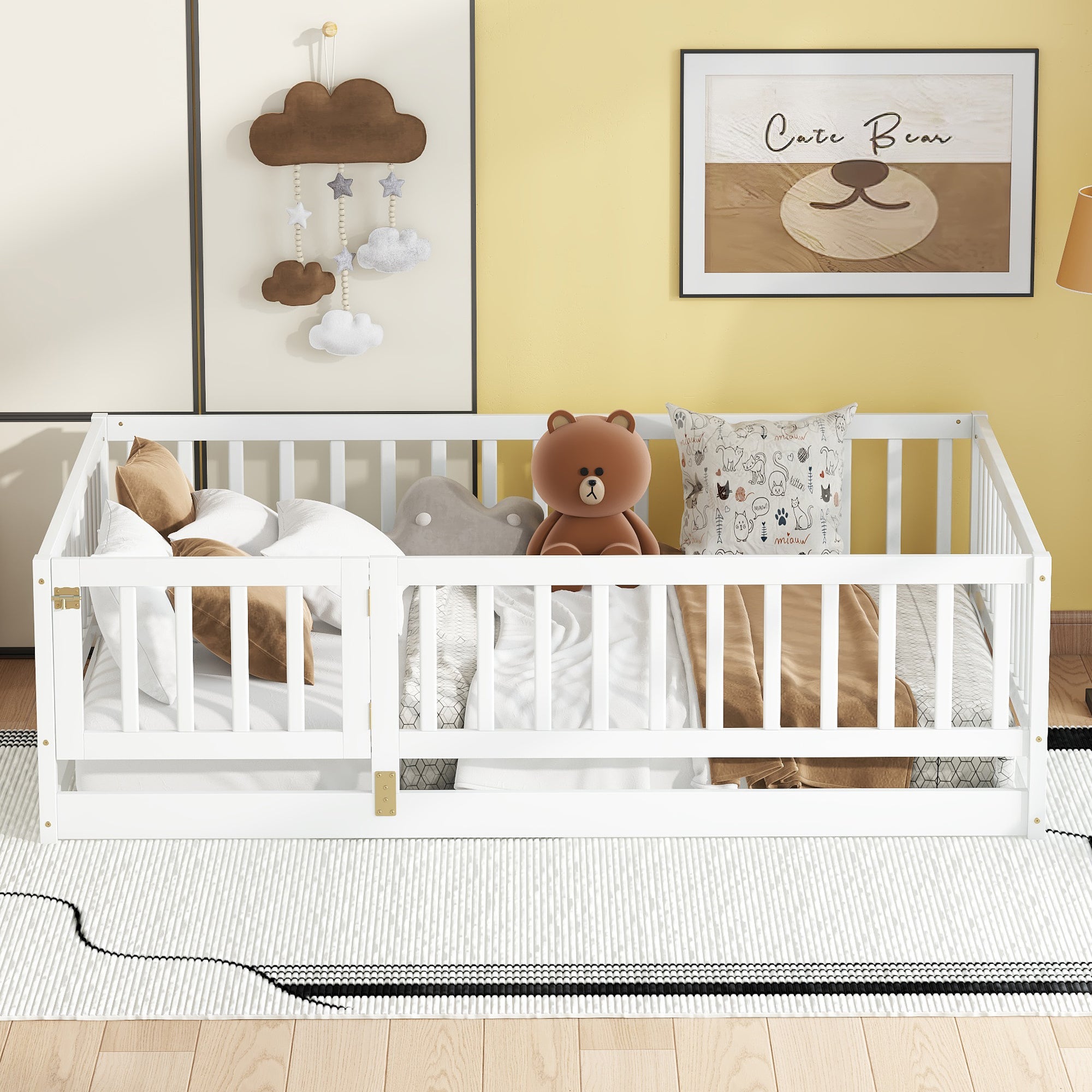 Full Size Floor Bed with Slats, Montessori Floor Bed with Fence and Door, Kids Montessori Bed Full Size, Wood Montessori Floor Bed for Kids, Girls, Boys(White)