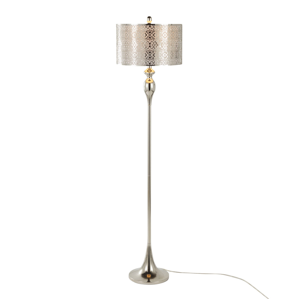Ashland 63' Contemporary Metal Floor Lamp in Polished Nickel with Laser Cut Metal and White Linen Shade from Grandview Gallery by LumiSource