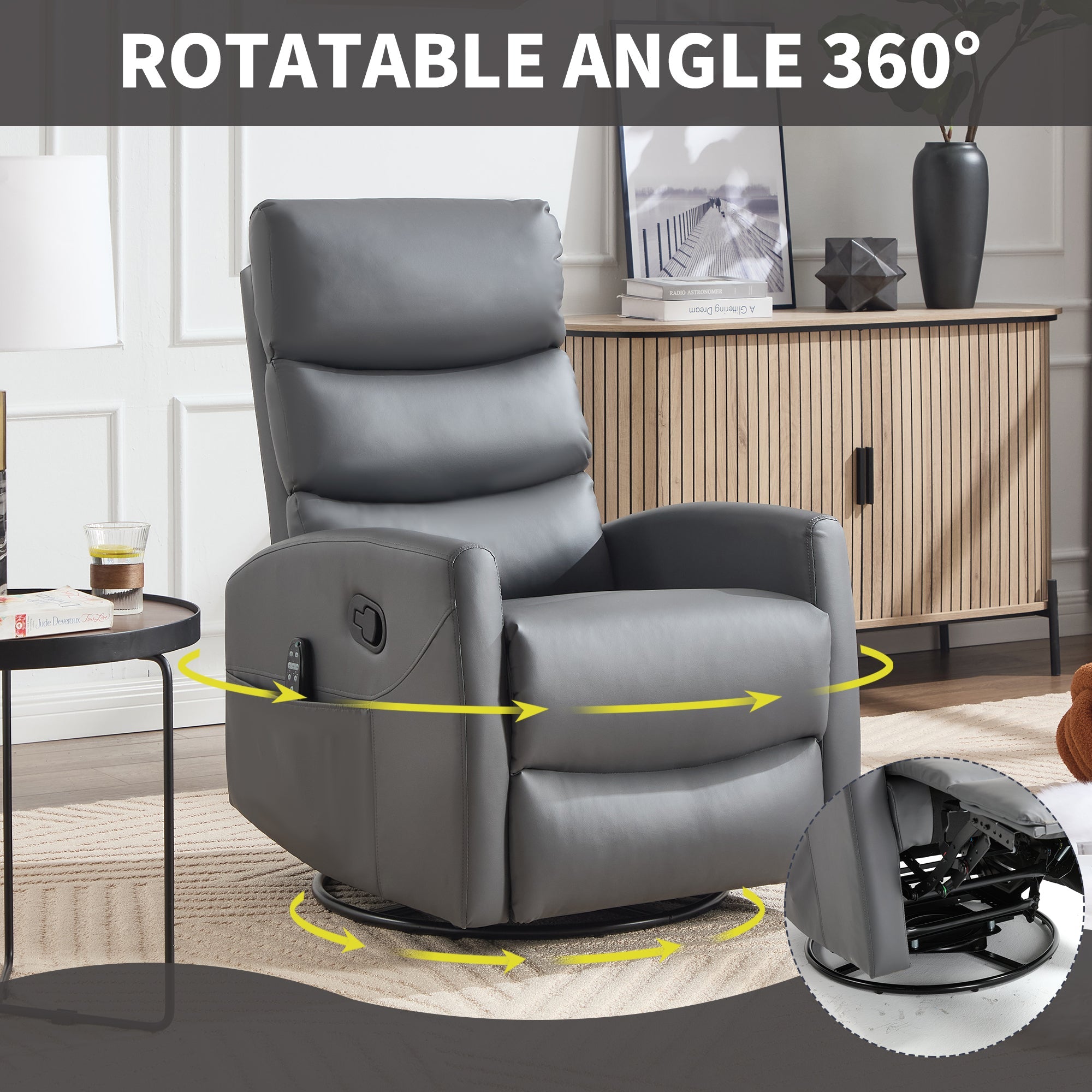 Heat Massage Manual Recliner Chair with Rocker and Swivel in Fabric for Living Room, Grey