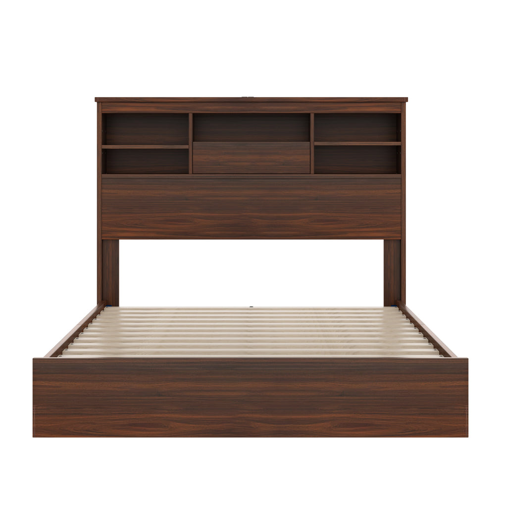 4PCS Bedroom Sets, Wooden Queen Size Bed Frame with Storage Headboard and Charging Station, 2 Nightstands with 2 Drawers, 1 Dresser with 5 Drawers, Walnut(old SKU HL000102AAD)