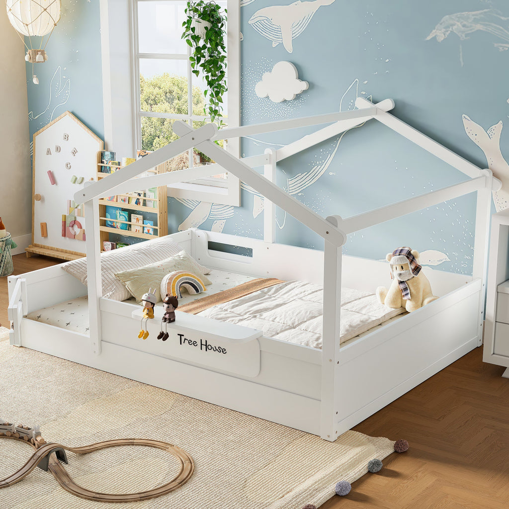 Queen Size Floor Bed with Guardrails and Roof, Kids House Floor Bed with a Small Built-in Tray and Free-installed Signboard, Childlike Design, White