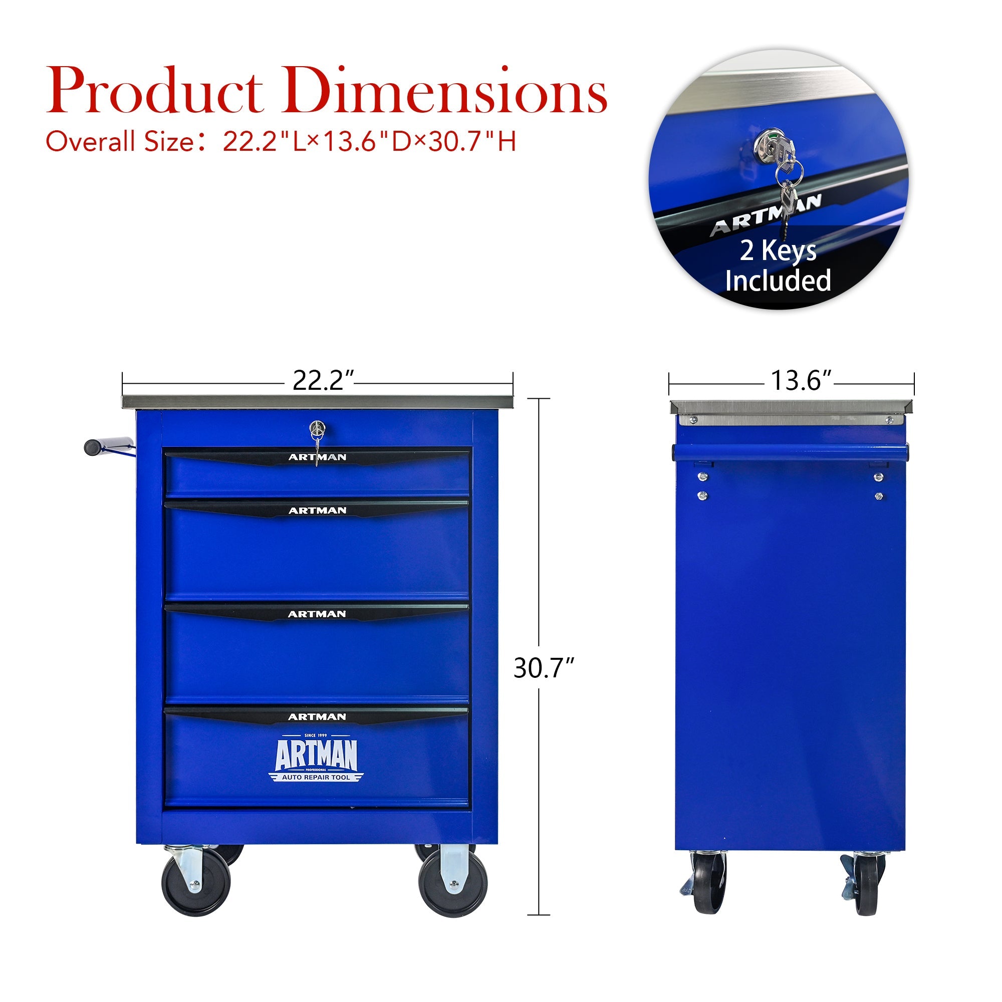 4 Drawers Multifunctional Tool Cart with Wheels,Metal Rolling Tool Cart Storage for Garage Workshop Warehouse Repair Shop--With  Stainless Steel Roof- BLACK&BLUE