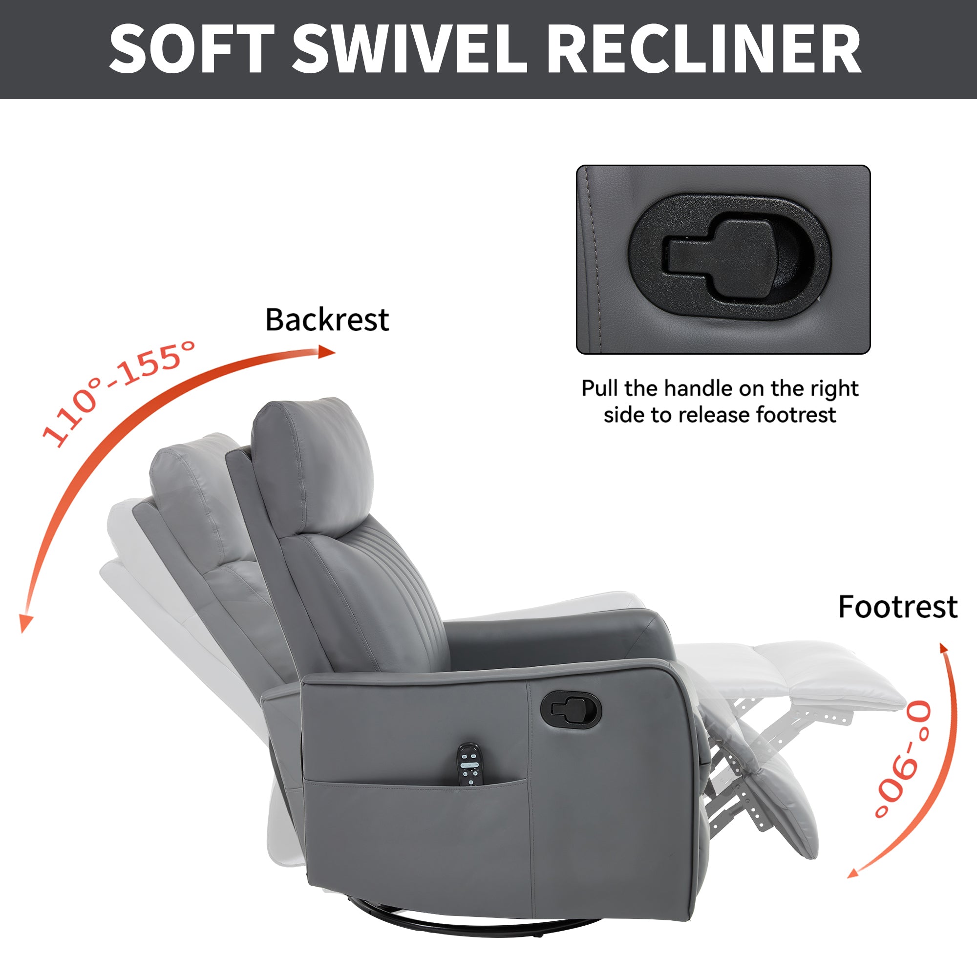 Grey Faux Leather Heat Massage Manual Recliner Chair with Rocker and Swivel for Living Room