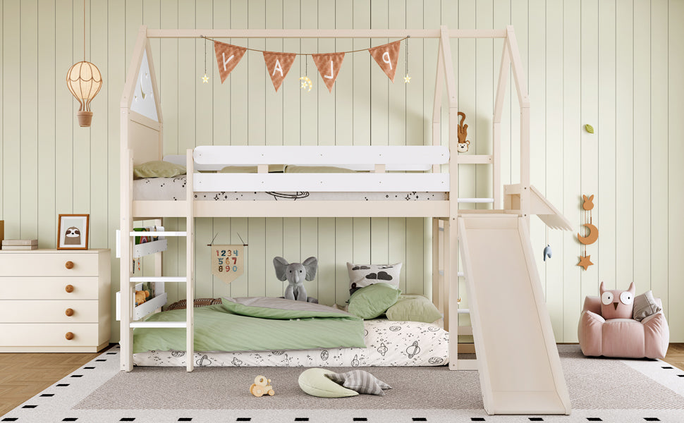 Twin Size Loft Bed with Bookshelf Playful Design for Kids House-Shaped Structure with Slide High-Quality Safety Rails,Beige