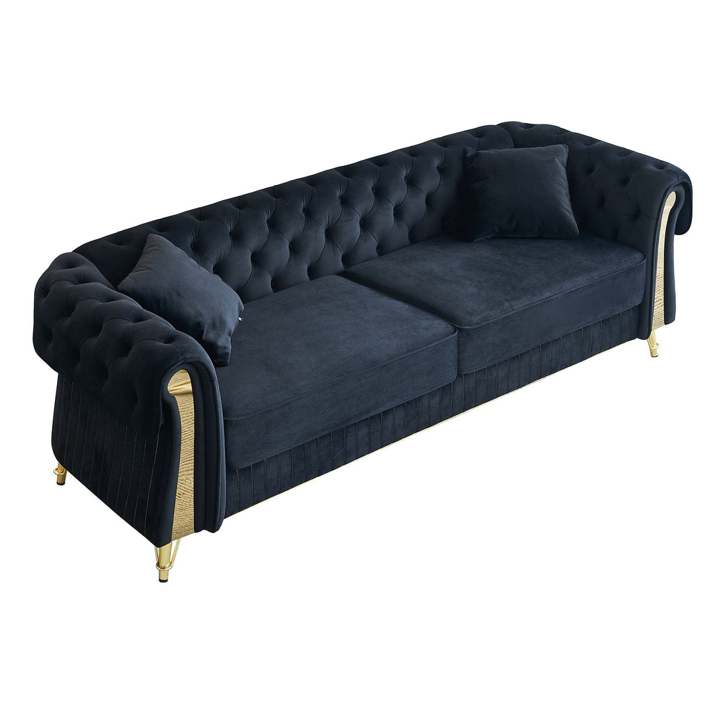 89''W Chesterfield Modern Tufted Velvet Living Room Sofa with Two Seat Cushions and Two Toss Pillows,Black