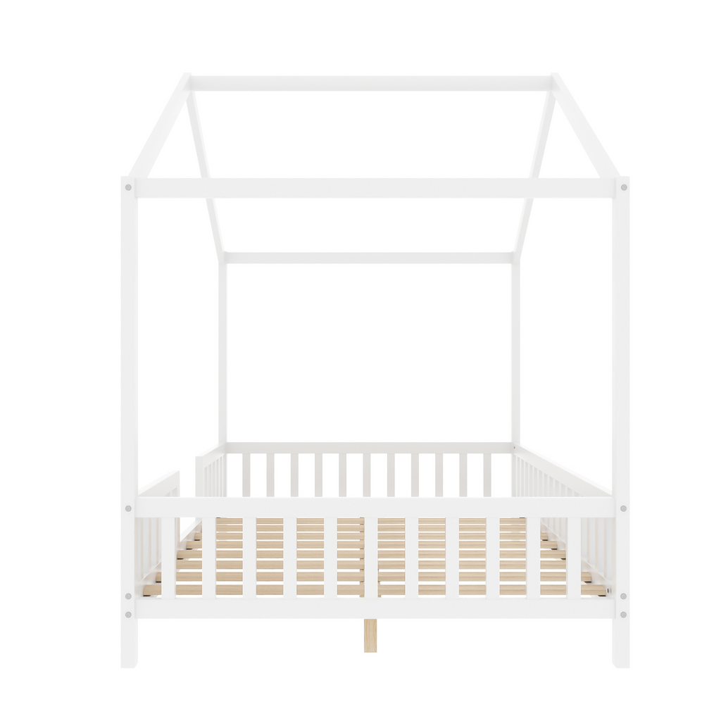 Montessori Floor Bed with Canopy, Full Bed Frame for Kids, House Shape Kids Bed Frame with High Railings, Wood Kids Bed with Roof, Kid Full Bed, White