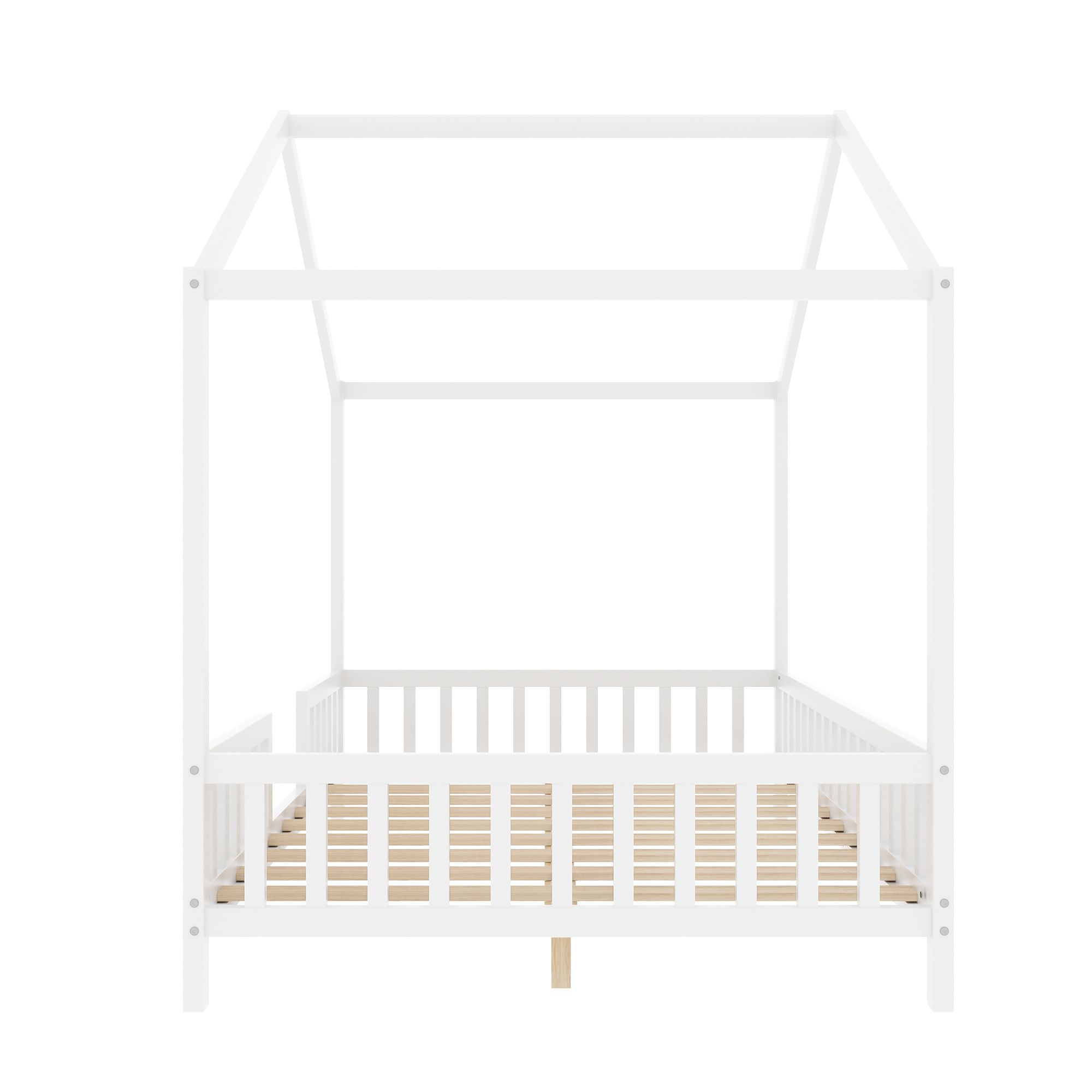 Montessori Floor Bed with Canopy, Full Bed Frame for Kids, House Shape Kids Bed Frame with High Railings, Wood Kids Bed with Roof, Kid Full Bed, White