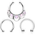 16G Pink Faux Opal Twisted Horseshoe Clip On Fake Septum Ring Set