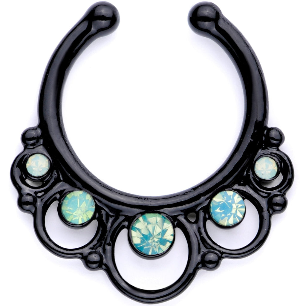 16G Teal Faux Opal Black Anodized Twisted Horseshoe Clip On Fake Septum Ring Set