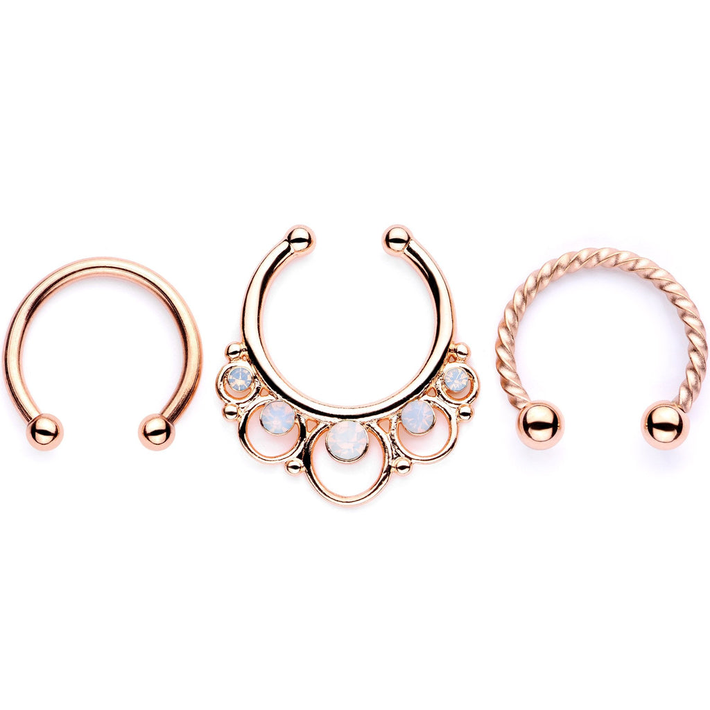 16G White Faux Opal Rose Gold Tone Twisted Horseshoe Clip On Fake Septum Ring Set