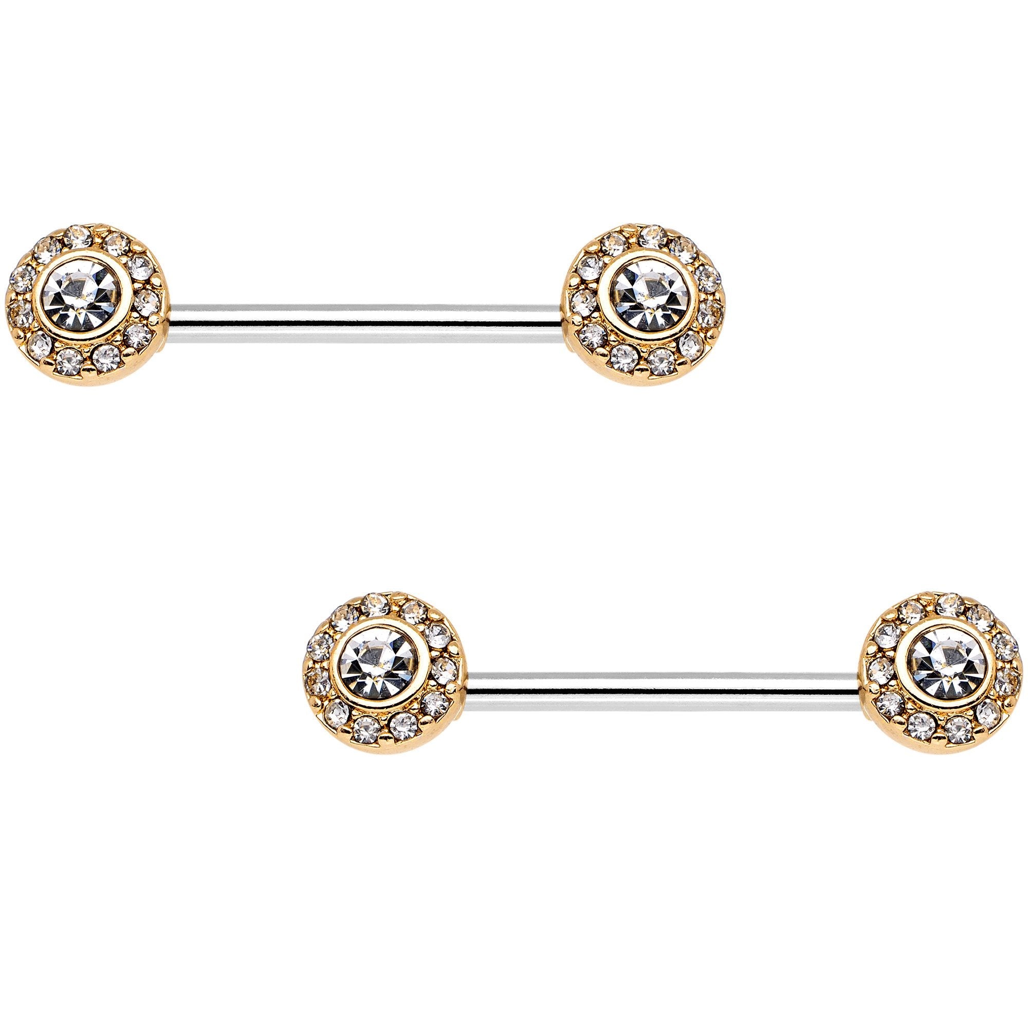 14G Clear Gem Gold Tone Circular Cluster Barbell Nipple Ring Set