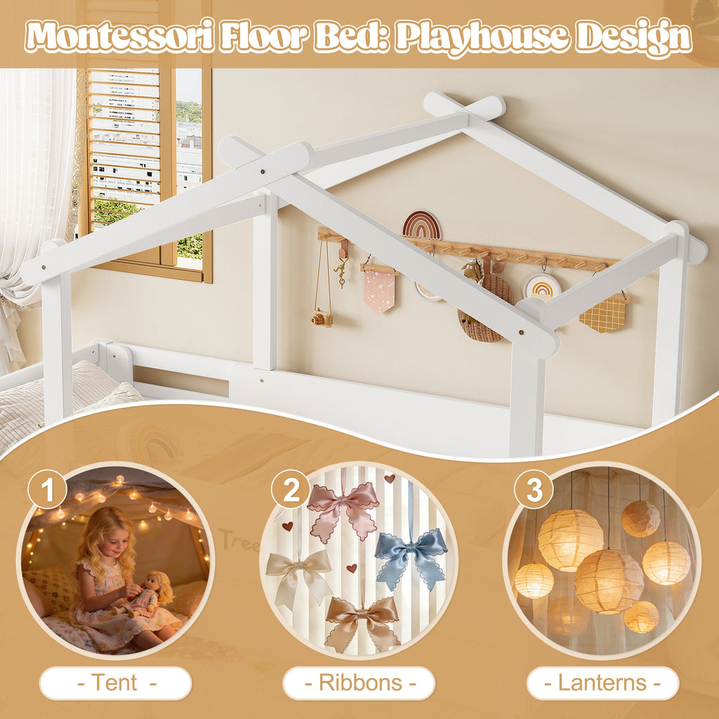 Twin Size Floor Bed with Guardrails and Roof, Kids House Floor Bed with a Small Built-in Tray and Free-installed Signboard, Childlike Design, White