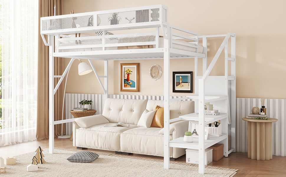 Twin Size Loft Bed with Stairs, Metal Full Loft Bed with Storage Shelves, High Loft Bed with Wardrobe for Kids Teens,White(Expect Arrival Date 2025/9/22)