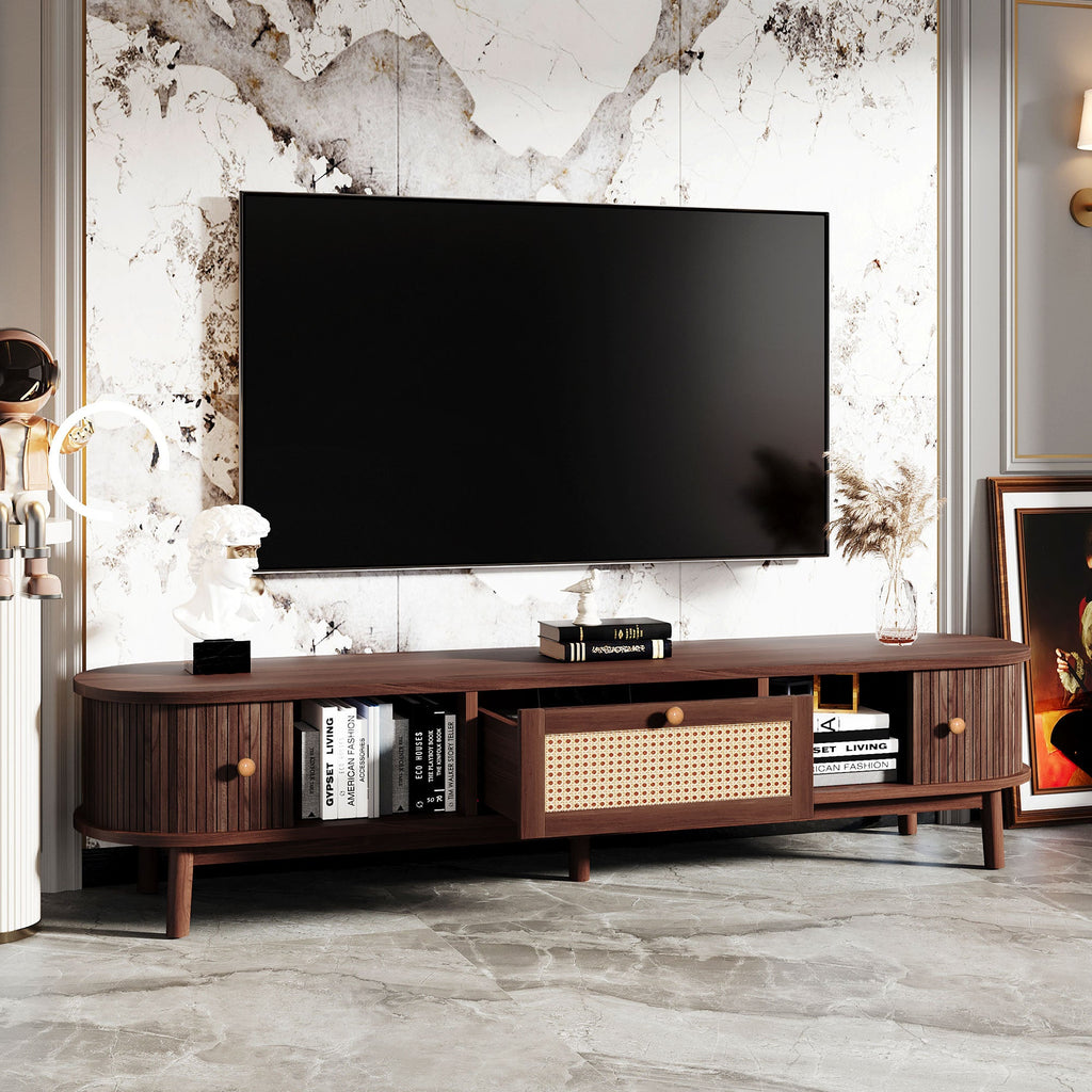 Modern Design TV Stand for 75' TVs, Media Console TV Cabinet with Rattan-Front Drawer for Living Room, 1 Drawer and 2 Sliding-Door Cabinets