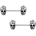 Clear CZ Gem First Mate Skull Barbell Nipple Ring Set