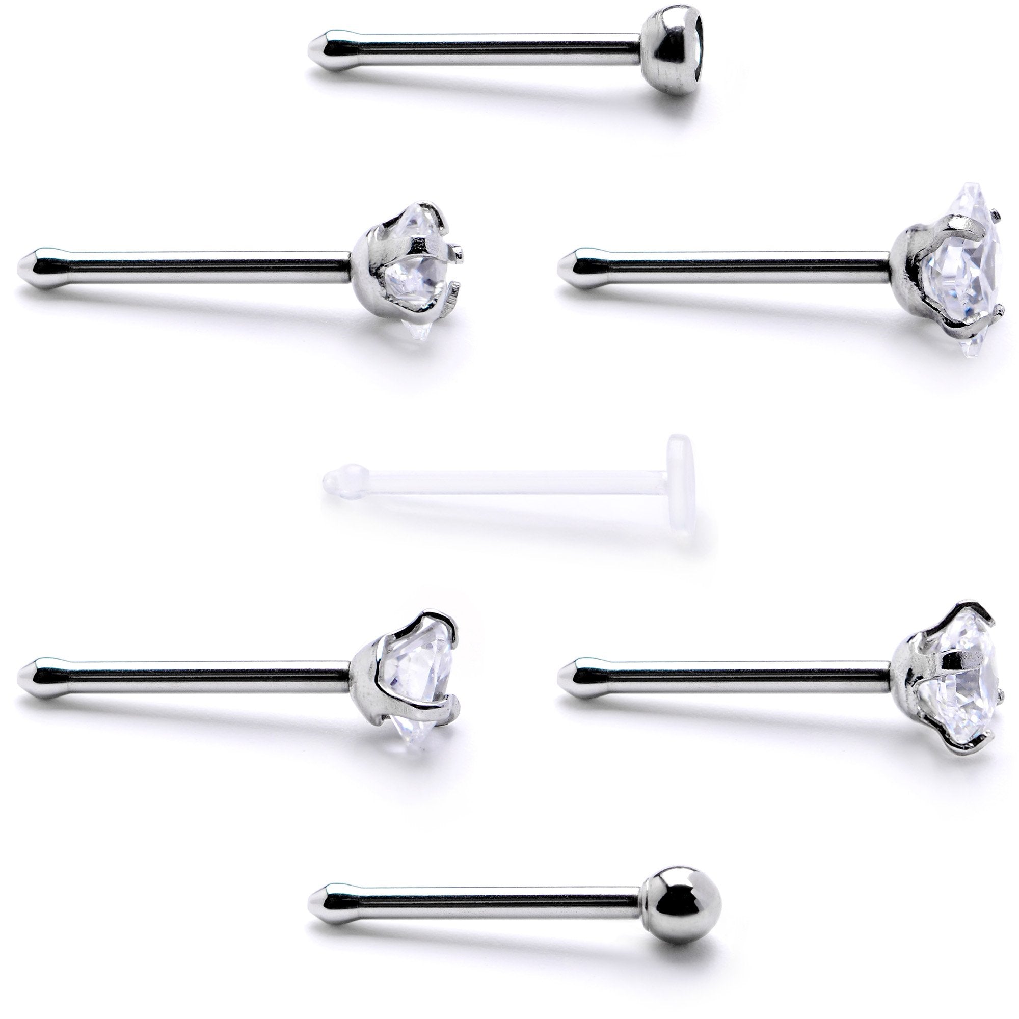 Clear CZ Gem Multi Shape 3mm Nose Bone 7 Pack Set