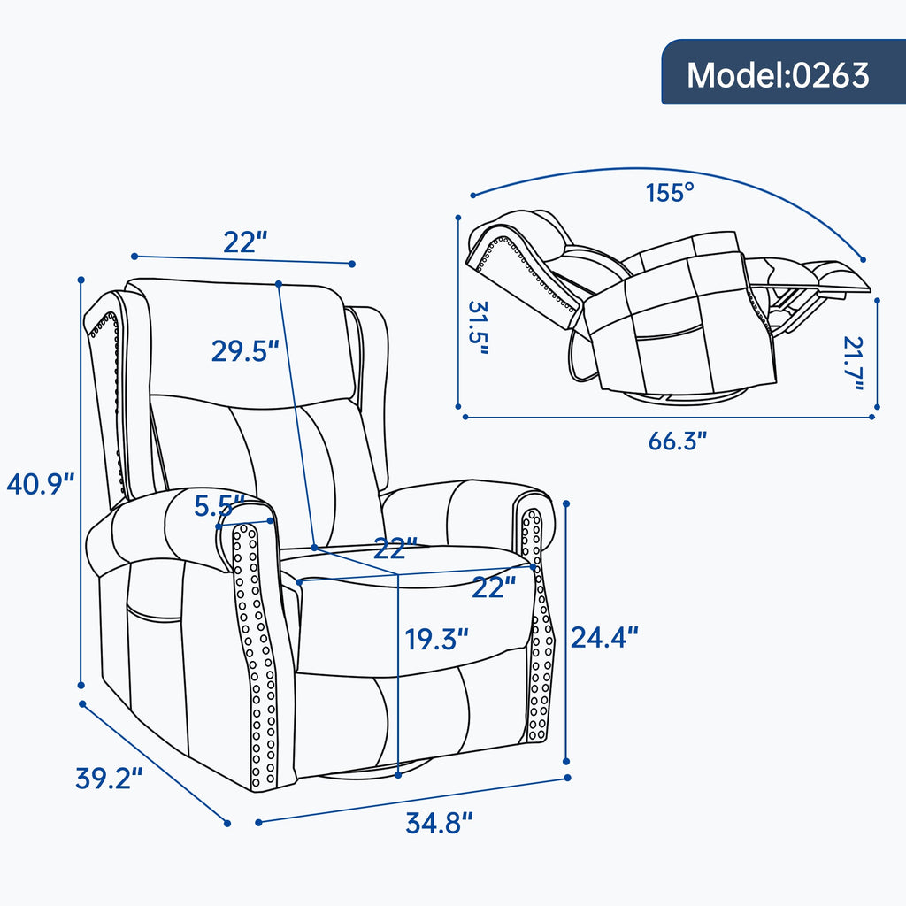 Heat Massage Manual Recliner Chair with Rocker and Swivel in Genuine leather for Living Room