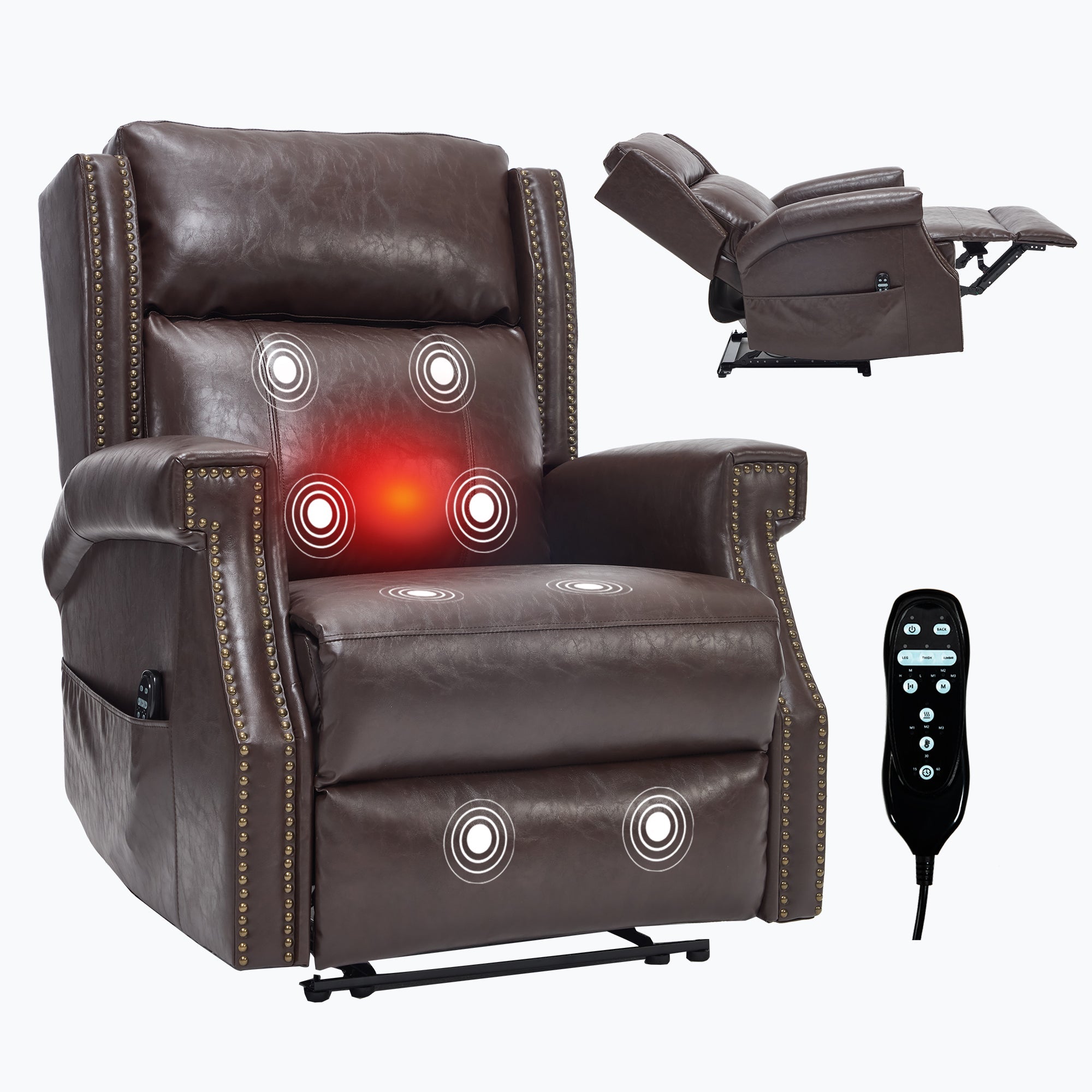 Brown Manual Recliner Chair in Faux Leather for Living Room with Heavy Duty Motion Mechanism, 8 vibrating nodes and 3 massage modes