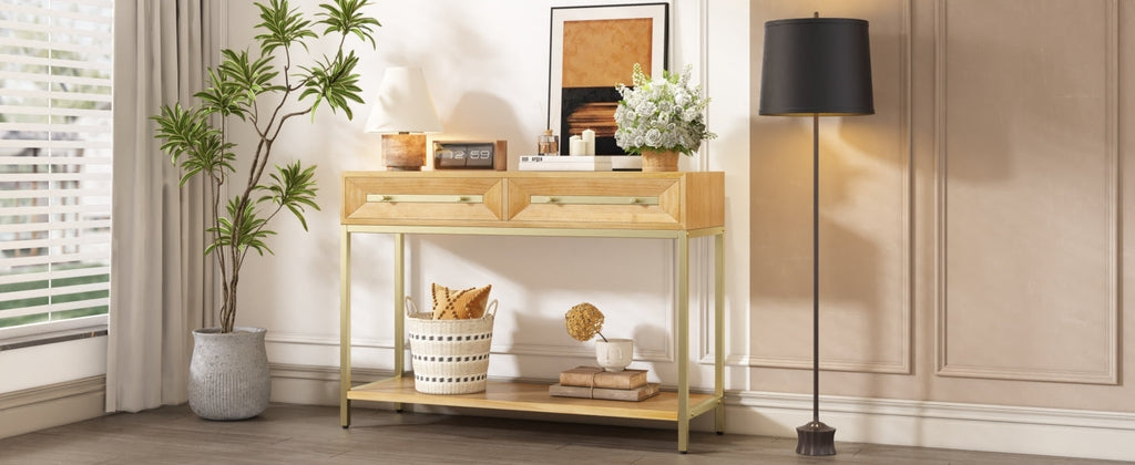 TREXM Entryway Table, Console Table with Two Drawers, Retro Hallway Table with Striking Geometric Design for Entryway and Living Room (Natural)