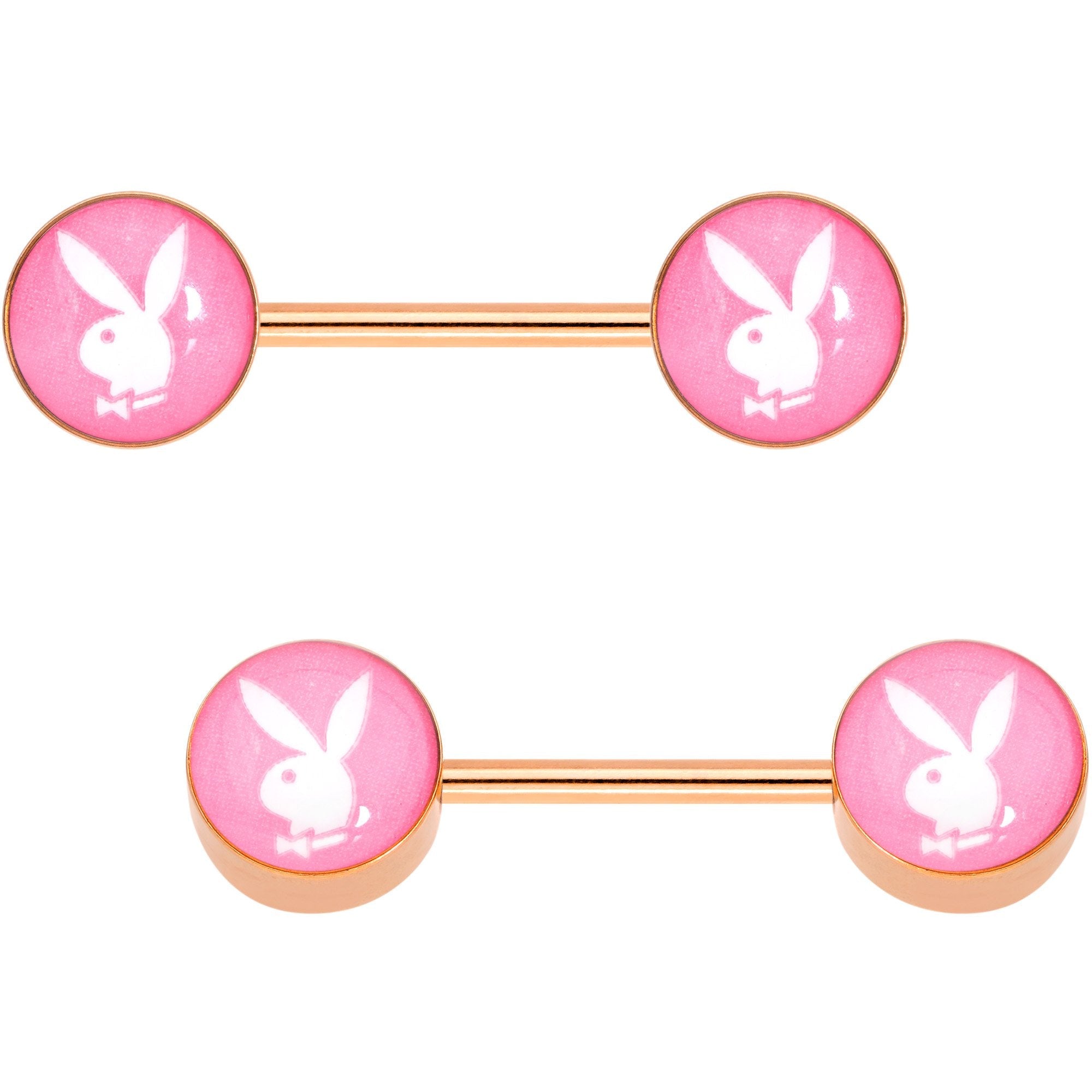 Licensed Pink White Playboy Bunny Gold Tone Barbell Nipple Ring Set