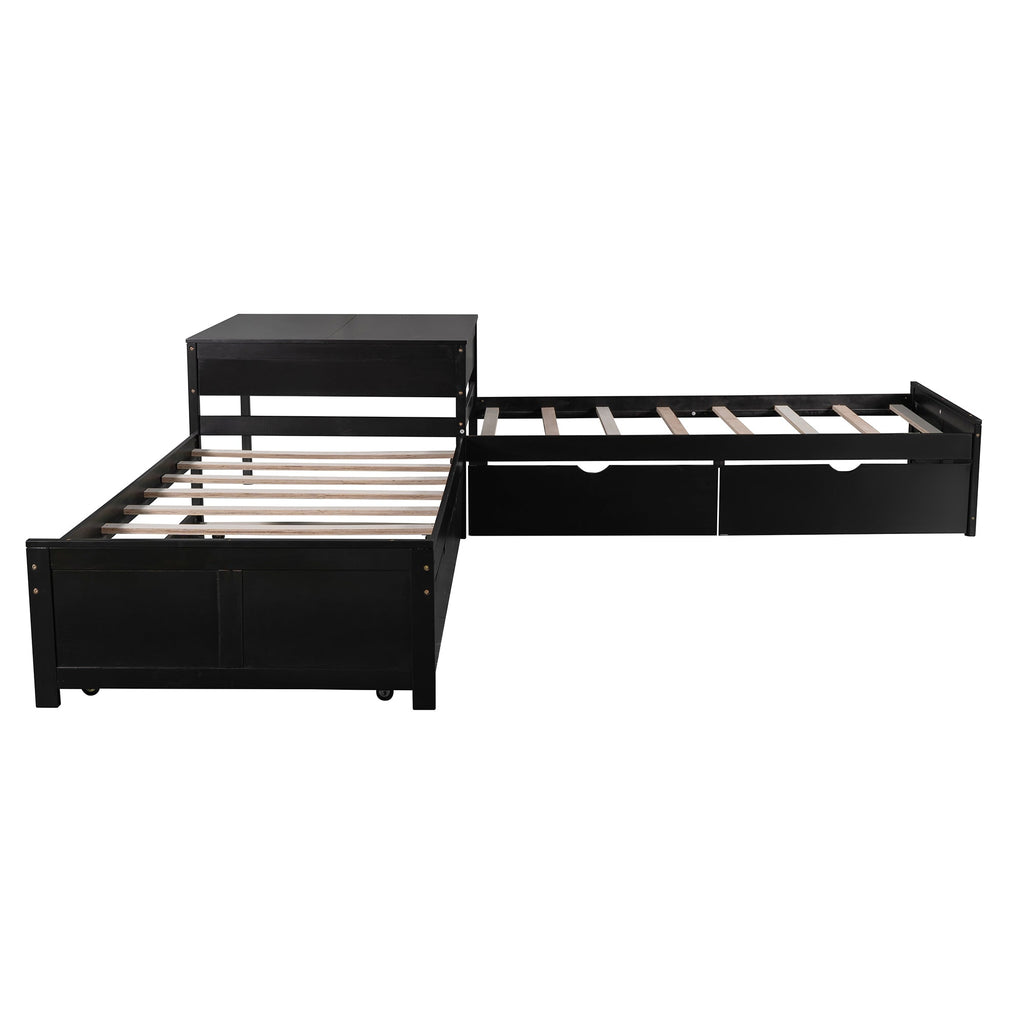 L-shaped Platform Bed with Trundle and Drawers Linked with built-in Desk,Twin,Espresso(Old SKU:SM000916AAP)