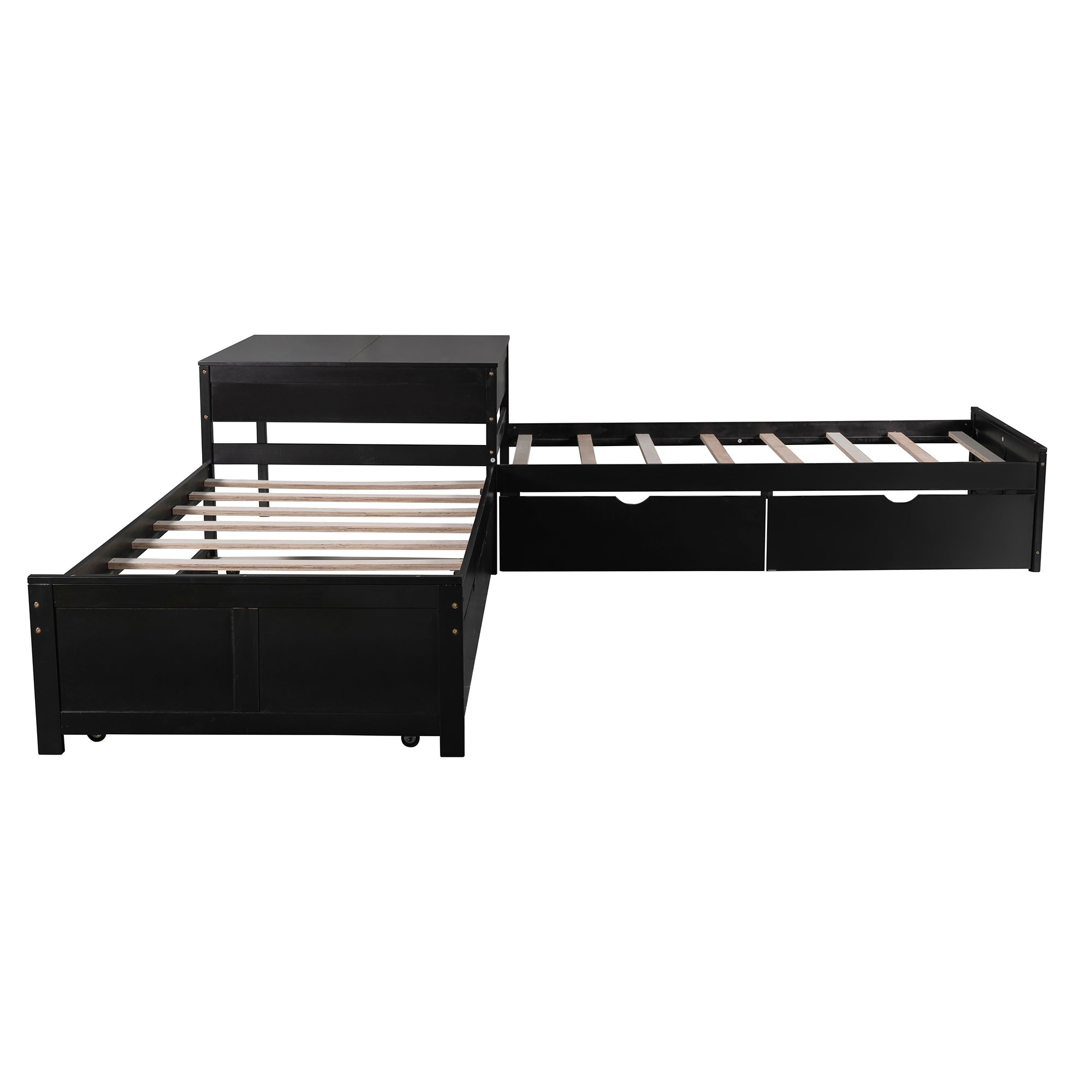 L-shaped Platform Bed with Trundle and Drawers Linked with built-in Desk,Twin,Espresso(Old SKU:SM000916AAP)