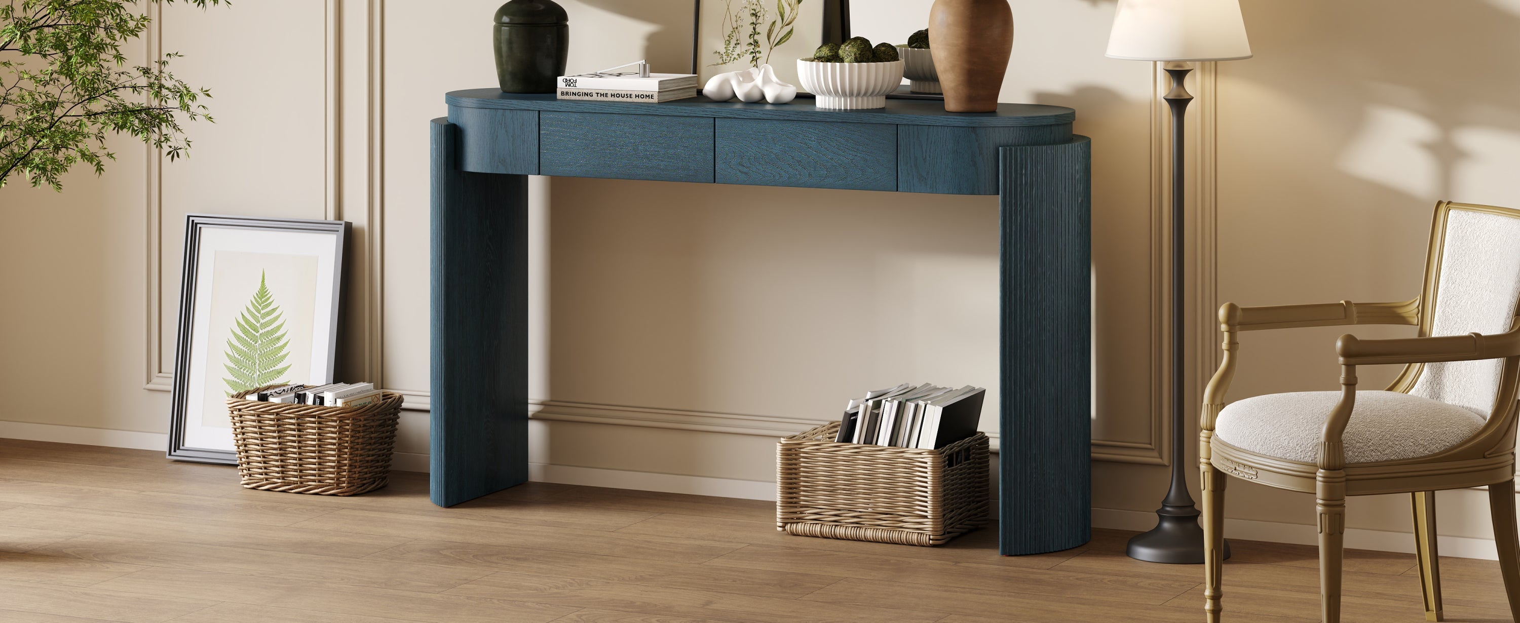 TREXM Entryway Table with Natural Wood Grain Finish, Console Table with Fluted Design, Oval Top and 2 Drawers for Entryway and Living Room (Navy)