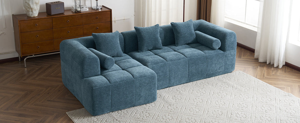 Modern Modular Sofa with Deep Seating, Two Side Pockets, and Plush Pillows in Blue Chenille Fabric, 101.2'