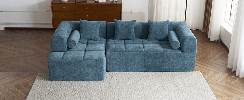 Modern Modular Sofa with Deep Seating, Two Side Pockets, and Plush Pillows in Blue Chenille Fabric, 101.2'