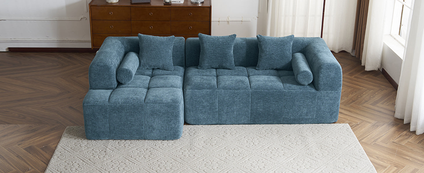 Modern Modular Sofa with Deep Seating, Two Side Pockets, and Plush Pillows in Blue Chenille Fabric, 101.2'