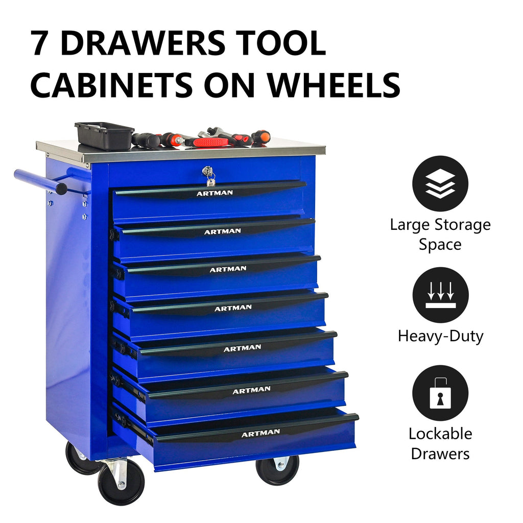7 Drawers Multifunctional Tool Cart with Wheels,Metal Rolling Tool Cart Storage for Garage Workshop Warehouse Repair Shop--With Stainless Steel Roof- BLACK&BLUE