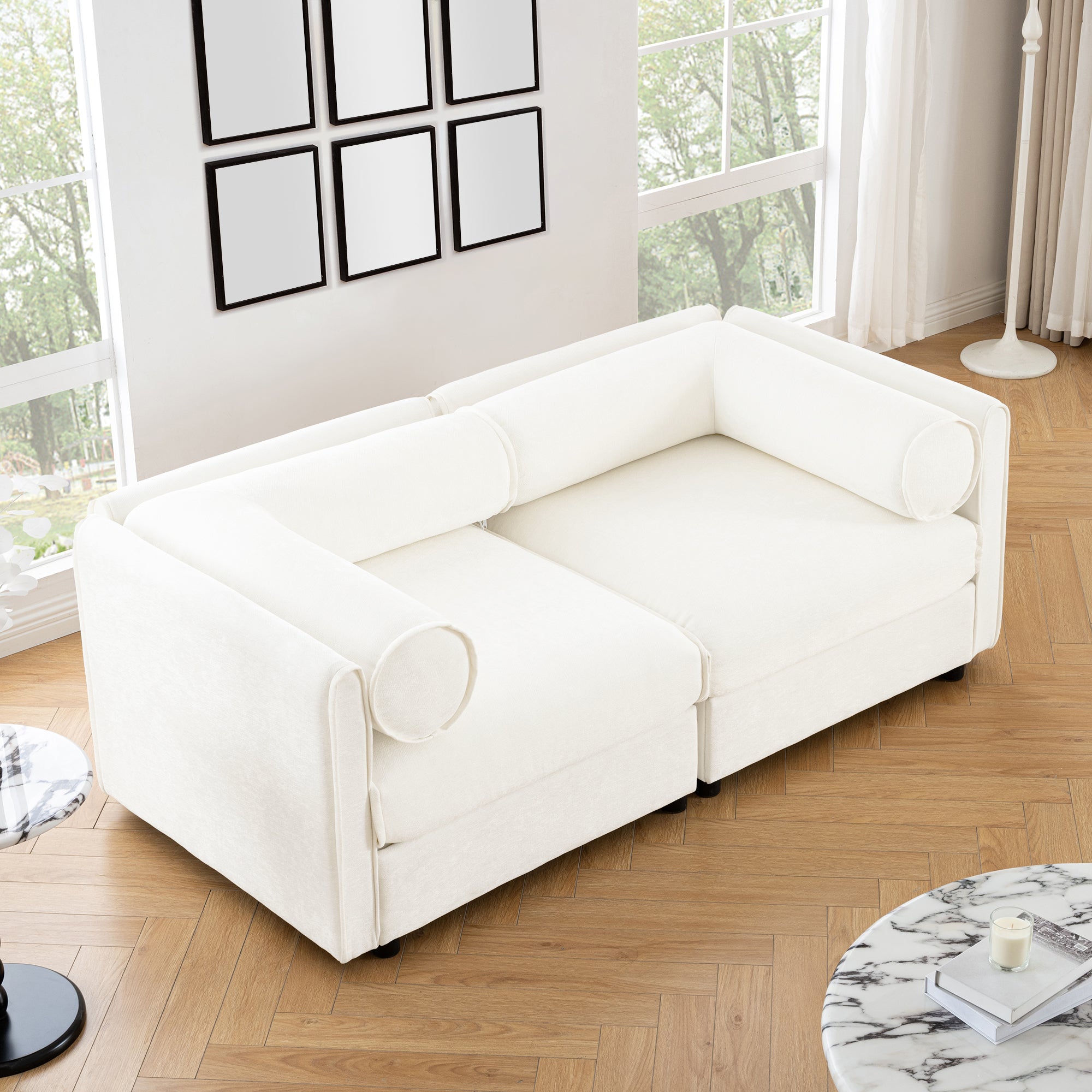 Stylish White Chenille 2-Seater Sofa with Storage Seat, Cylindrical Backrest and Armrests, Modern Fabric Loveseat Featuring Hidden Storage Space