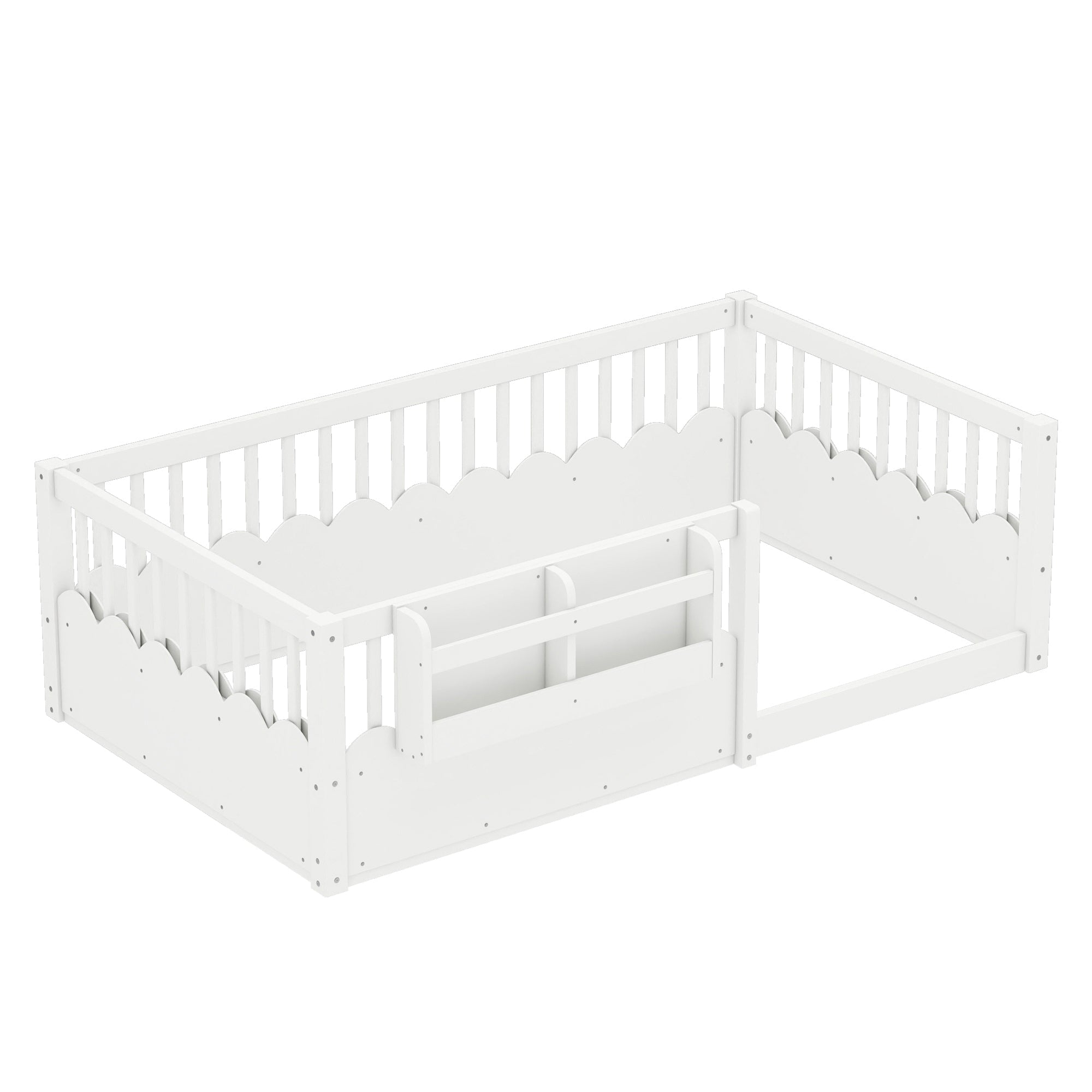 Twin Floor bed with Heightened Fence and bookshelf ,Wood Floor Bed for Kids, White.