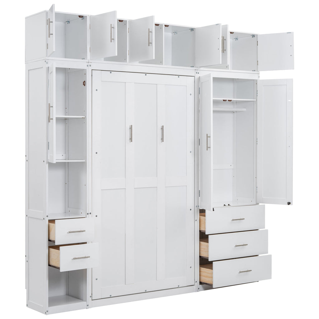 White Twin Size Murphy Bed with Lockers and Wardrobes, MDF+Pine, 93.2''L x 15.7''W x 99''H