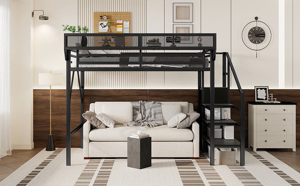 Twin XL Size Loft Bed with Stairs, Metal Full Loft Bed with Storage Shelves, High Loft Bed with Wardrobe for Kids Teens, Black(Expect Arrival Date 2025/10/14)