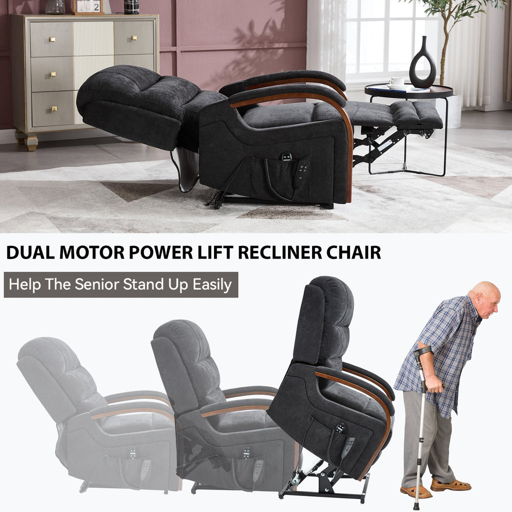 Power Black Chenille Lift Recliner Chair Dual Motor Infinite Position Up to 350 LBS with Solid Wood Armrests, Heat Massage and Heavy Duty Motion Mechanism
