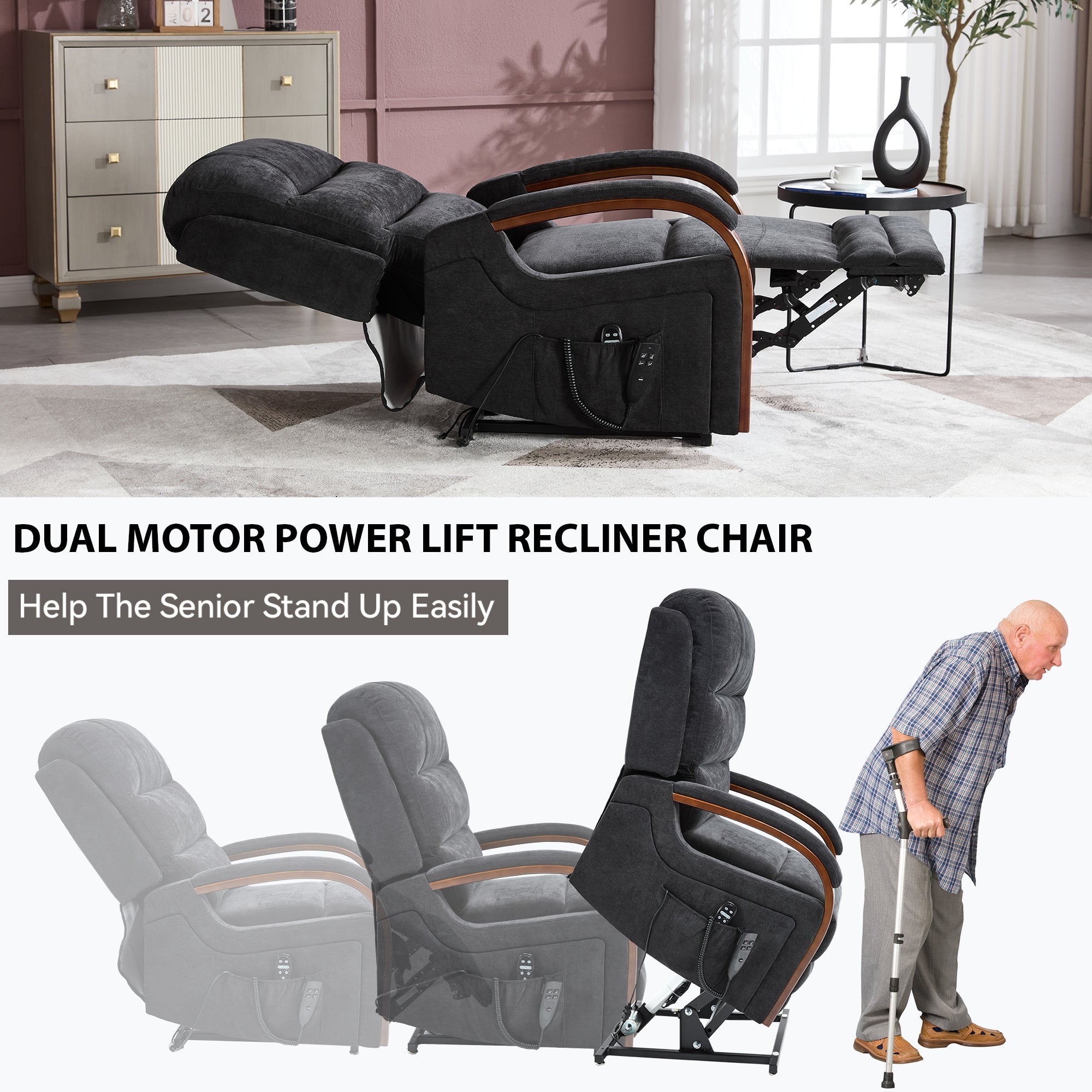 Power Black Chenille Lift Recliner Chair Dual Motor Infinite Position Up to 350 LBS with Solid Wood Armrests, Heat Massage and Heavy Duty Motion Mechanism
