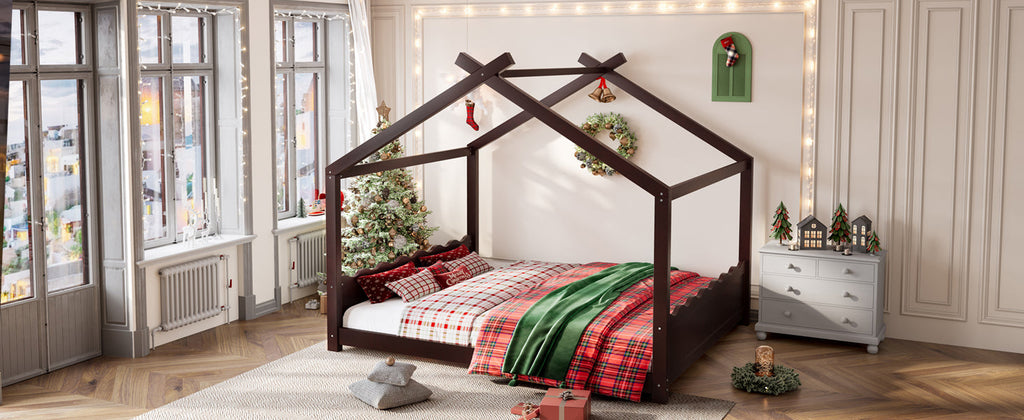Queen House Floor Bed with Support Slats, Solid Wood House Bed Frame for Kids, No Box Spring Needed and Opening Constructure, Espresso