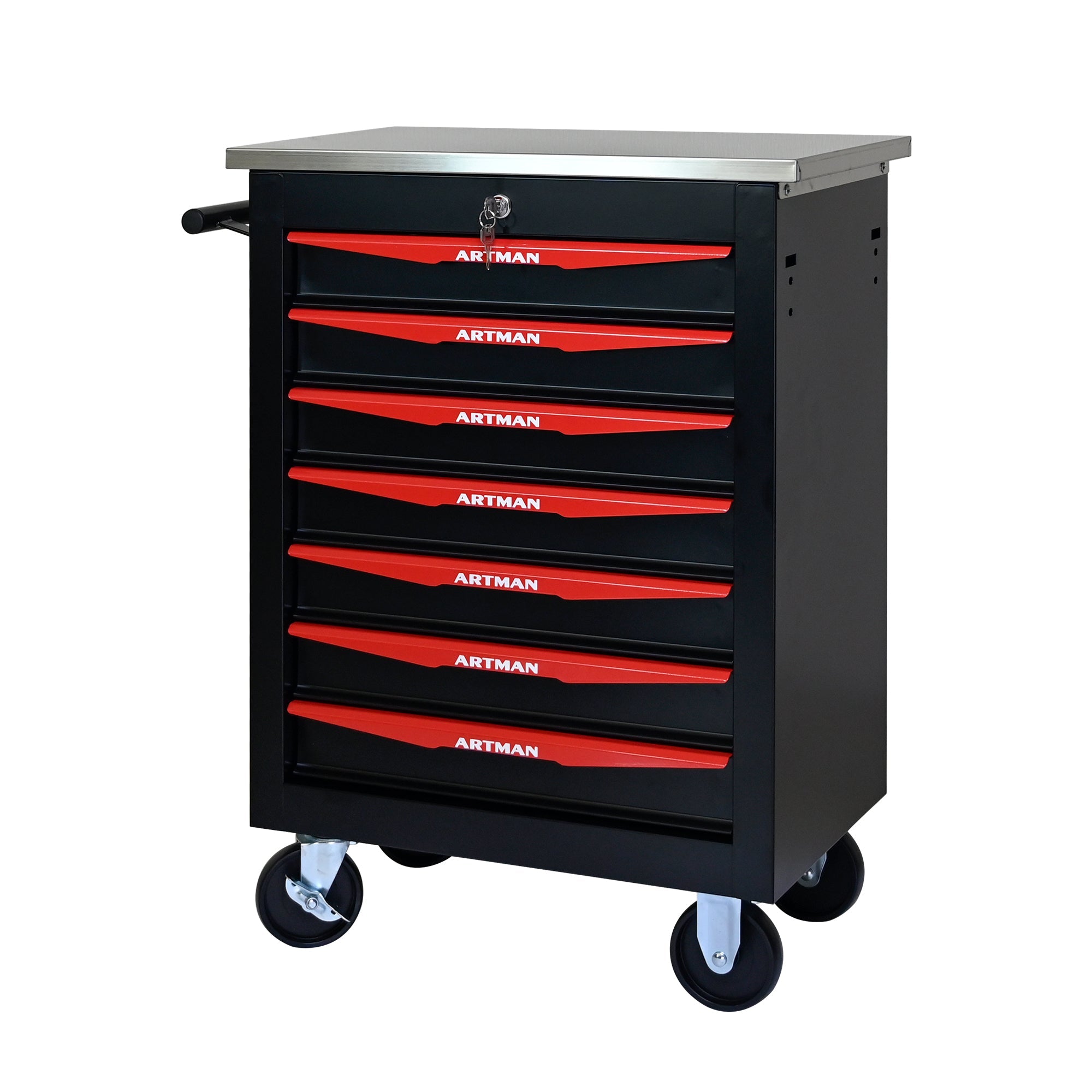 7-Drawer Multifunctional Tool Cart with Wheels, Metal Rolling Tool Cart Storage for Garage Workshop Warehouse Repair Shop - with Stainless Steel Roof - Black & Red
