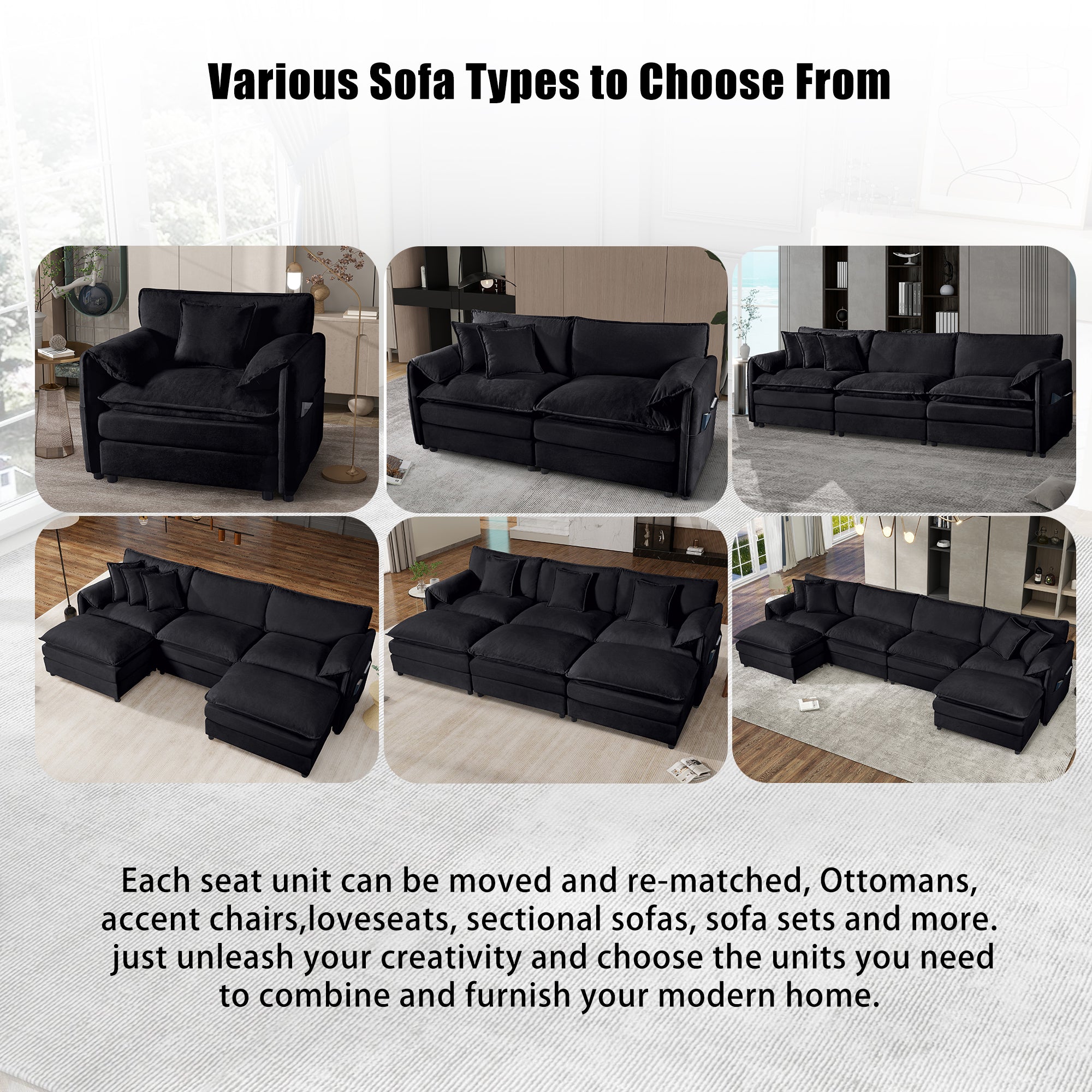 Deep Seat Sectional Cloud Sofa with 2 Ottomans & Soft Pillows, Loveseat Modular Couch for Living Room, Apartment,DIY Combination,Black