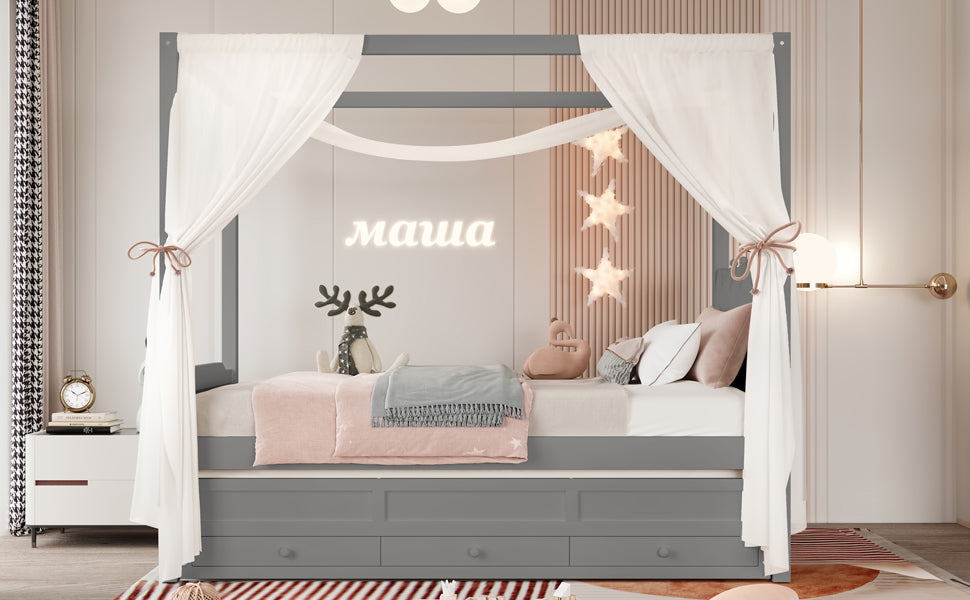 Twin Platform Bed with Upholstered Headboard,Twin Size Trundle and 3 Drawers,Princess Canopy Bed Frame for Kids,Storage & Easy Assembly,Gray