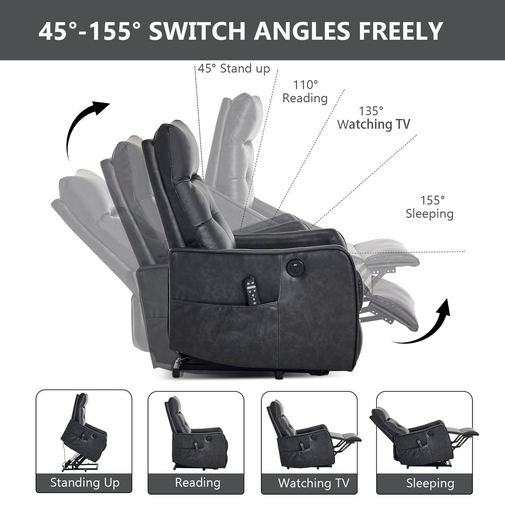 Deep Grey PU Single Motor Power Lift Recliner Chair with Massage and Heat for Elderly, Heavy Duty Motion Mechanism and One USB for Charging, Max Reclining Angle 155°
