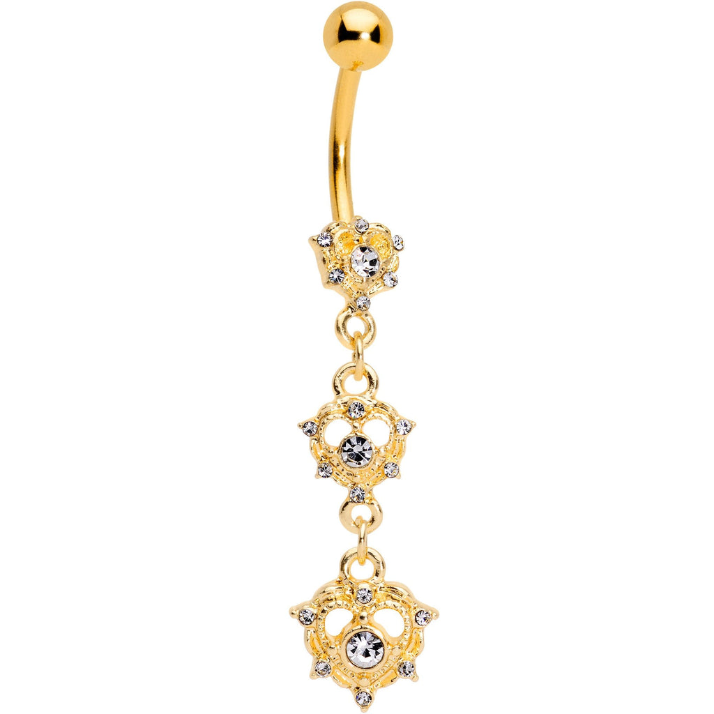Clear CZ Gem Gold Tone Anodized Triple Heart Dangle Belly Ring