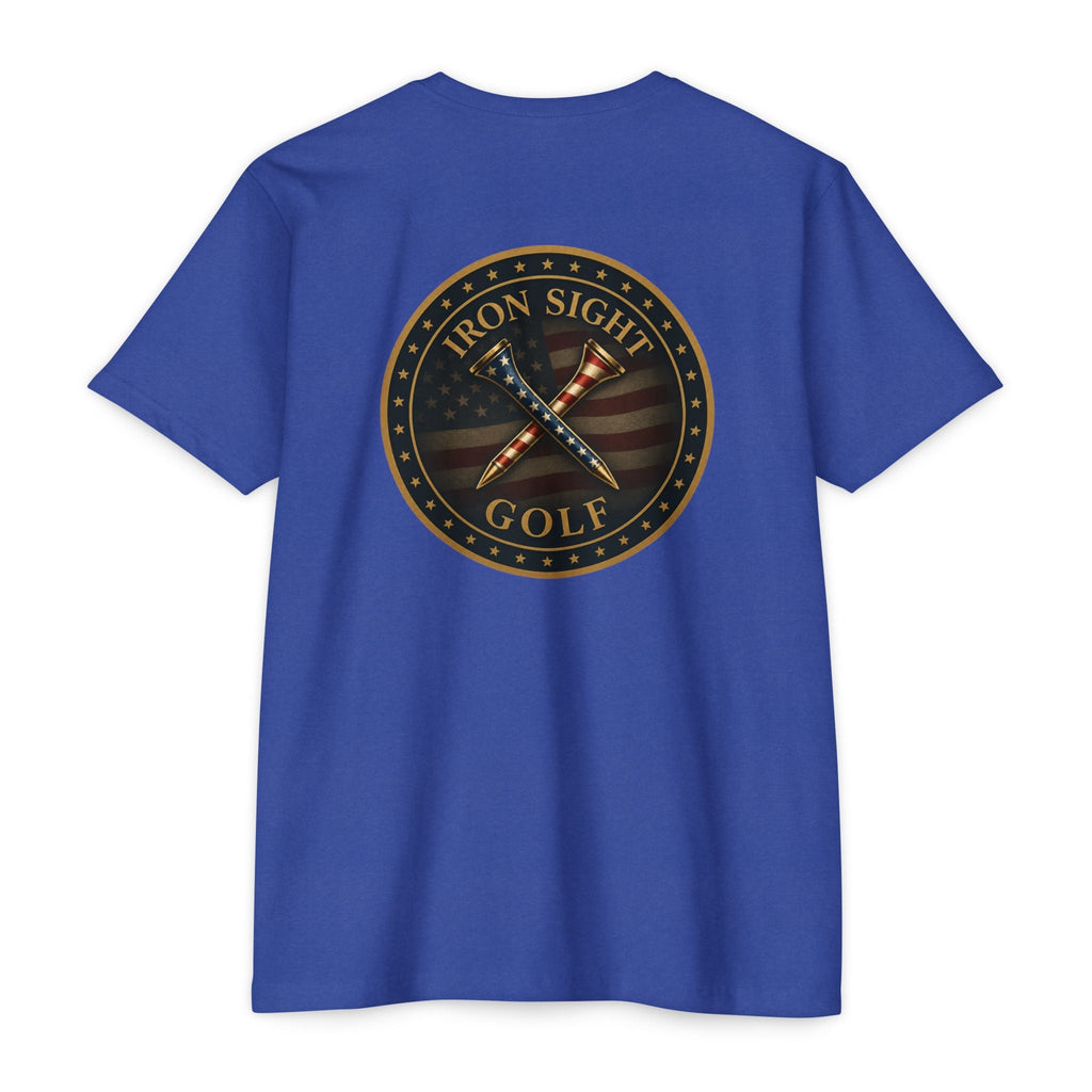 Iron Sight Golf T‑Shirt — American Flag Crossed Clubs Logo